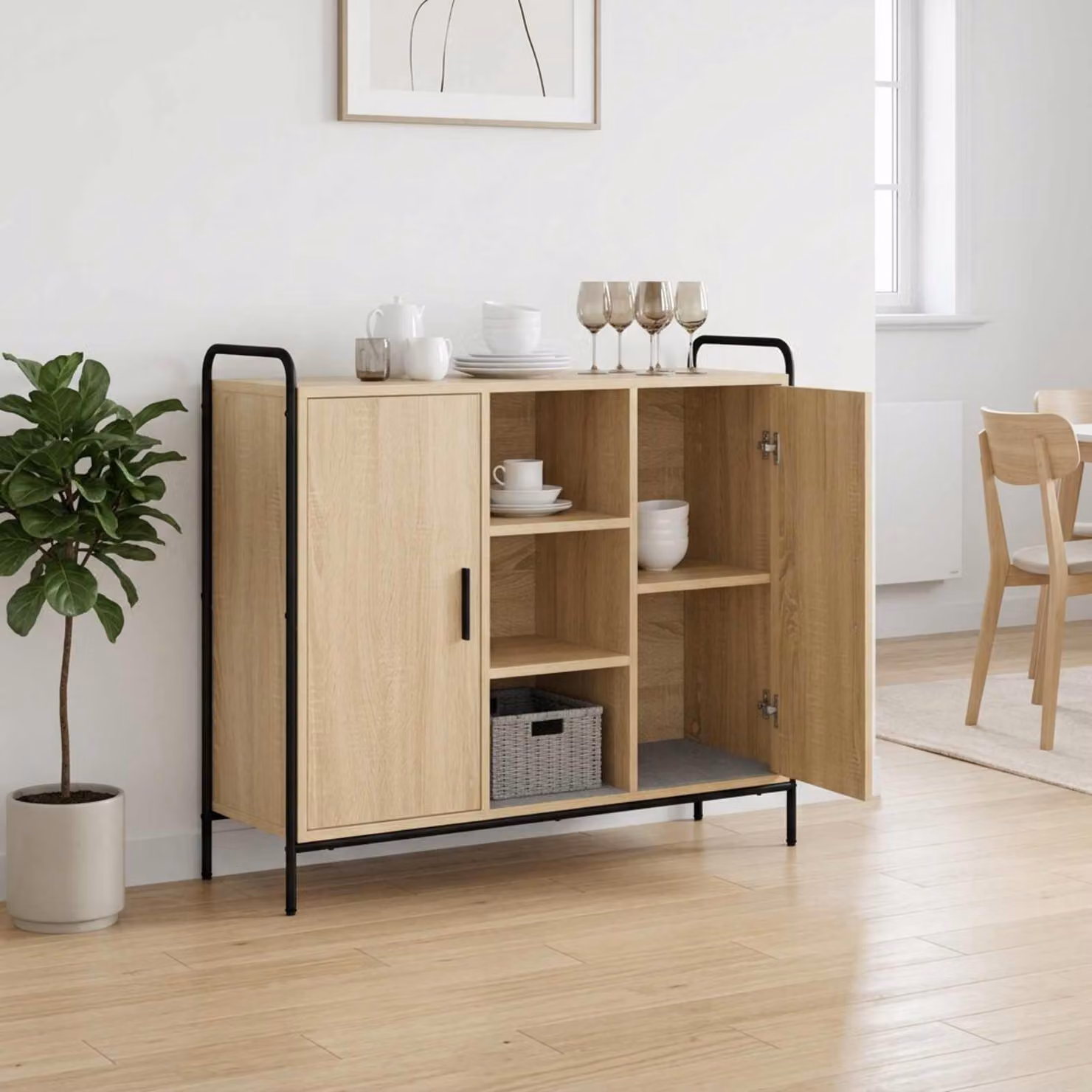 Credenza moderna vidaXL in legno ingegnerizzato color Rovere Sonoma, L: 98,5 cm, P: 33 cm, H: 81 cm