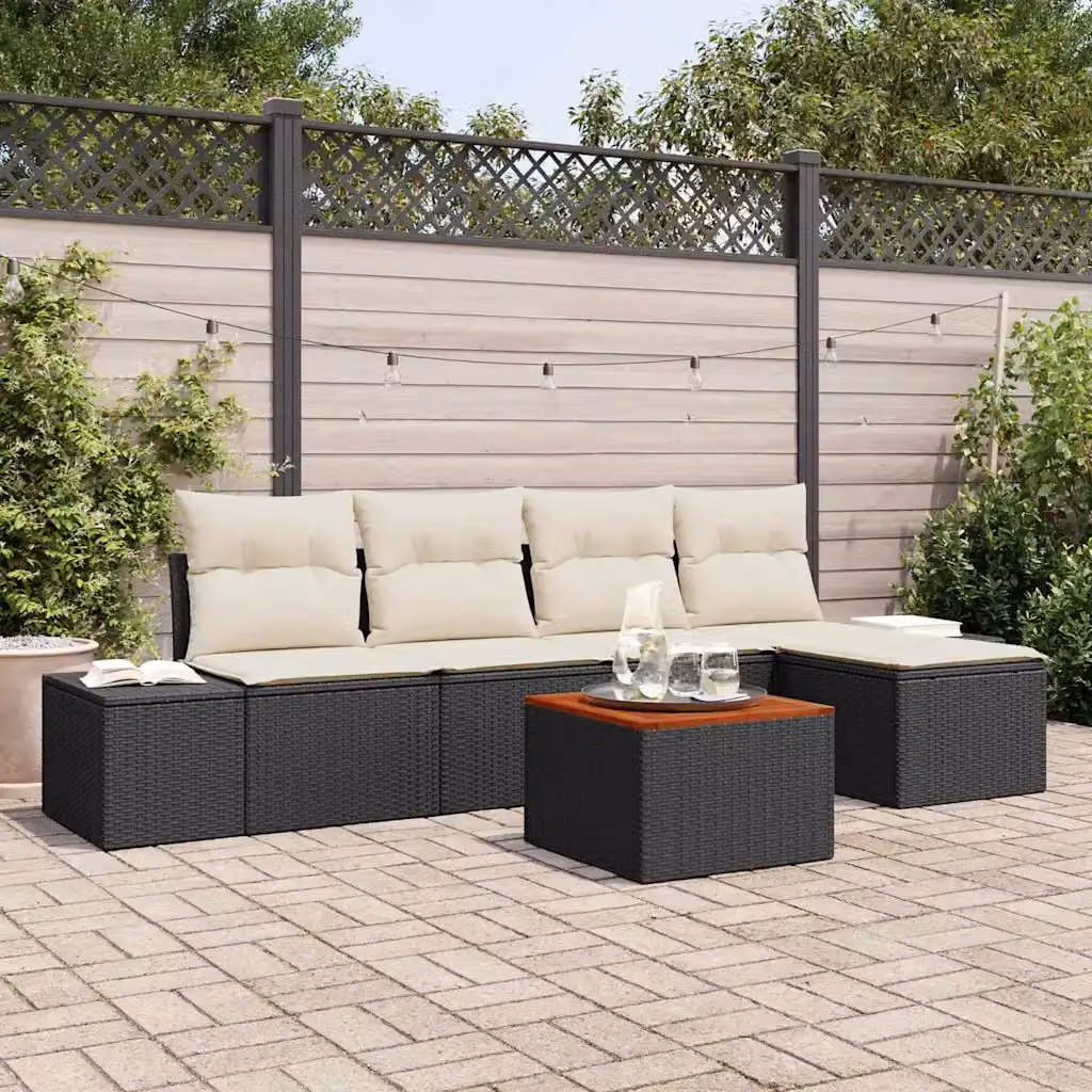 Set Divano da Giardino a L vidaXL in Polyrattan Nero e Beige con Tavolino e Ottoman, 6 Pezzi – 1