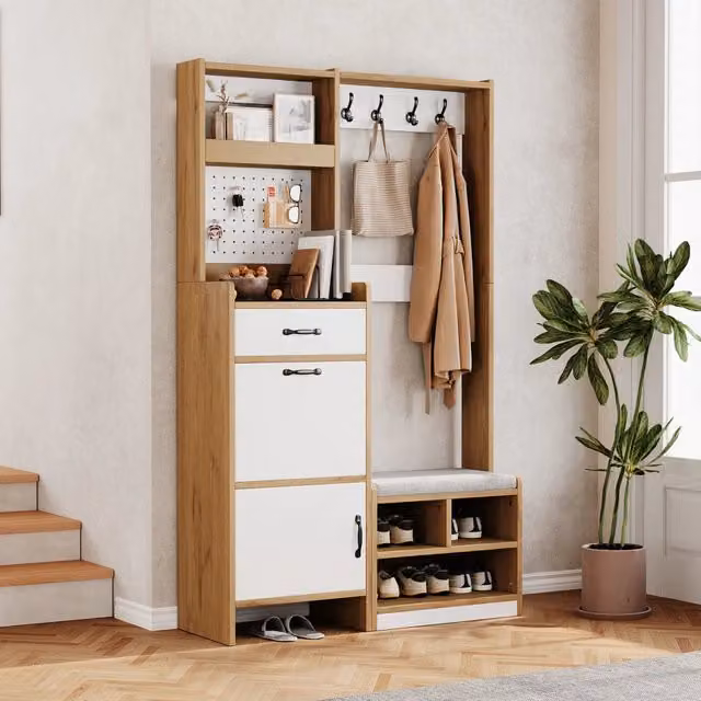 Armadio da ingresso REDOM in stile scandinavo con panca, Bianco, L: 108,5 cm, P: 35 cm, H: 180 cm