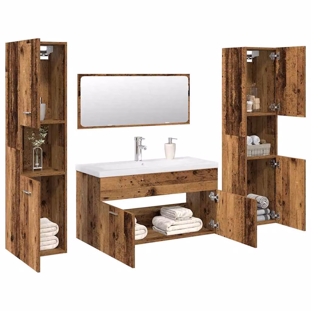 Set di mobili da bagno vidaXL 5 pezzi in legno antico marrone e bianco con vanità e pensili a muro
