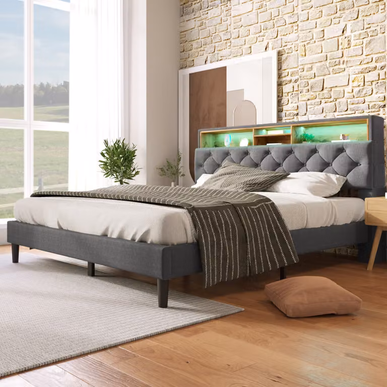 Letto imbottito MODFU 140x200 cm – Letto con spazio contenitore – Letto imbottito, letto matrimoniale – con rete a doghe, contenitore sotto il letto, illuminazione LED, grigio (materasso non incluso)