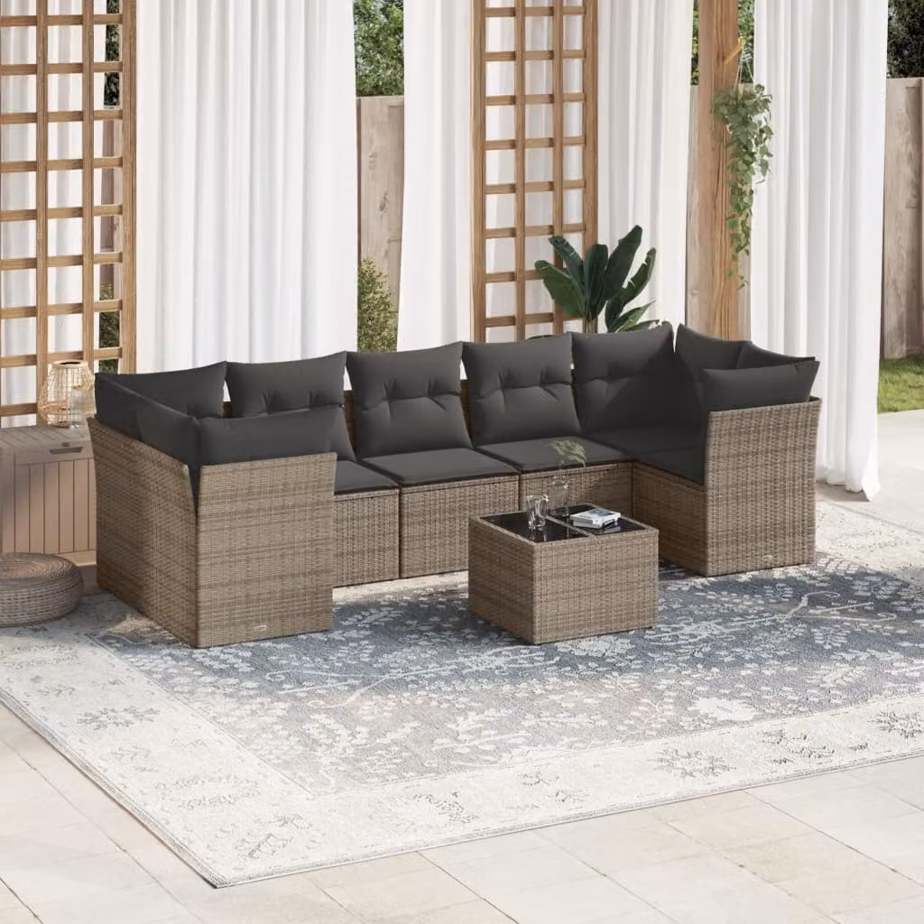 vidaXL Set Divano da Giardino 8 pz a L con Cuscini Grigio in Polyrattan e Tavolino da Esterno – 1