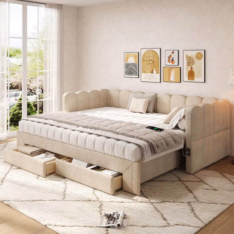 Letto imbottito Fliek 90x200 cm con letto estraibile, divano letto daybed con USB e Type-C, letto per ragazzi daybed con 2 cassetti, ciniglia, beige