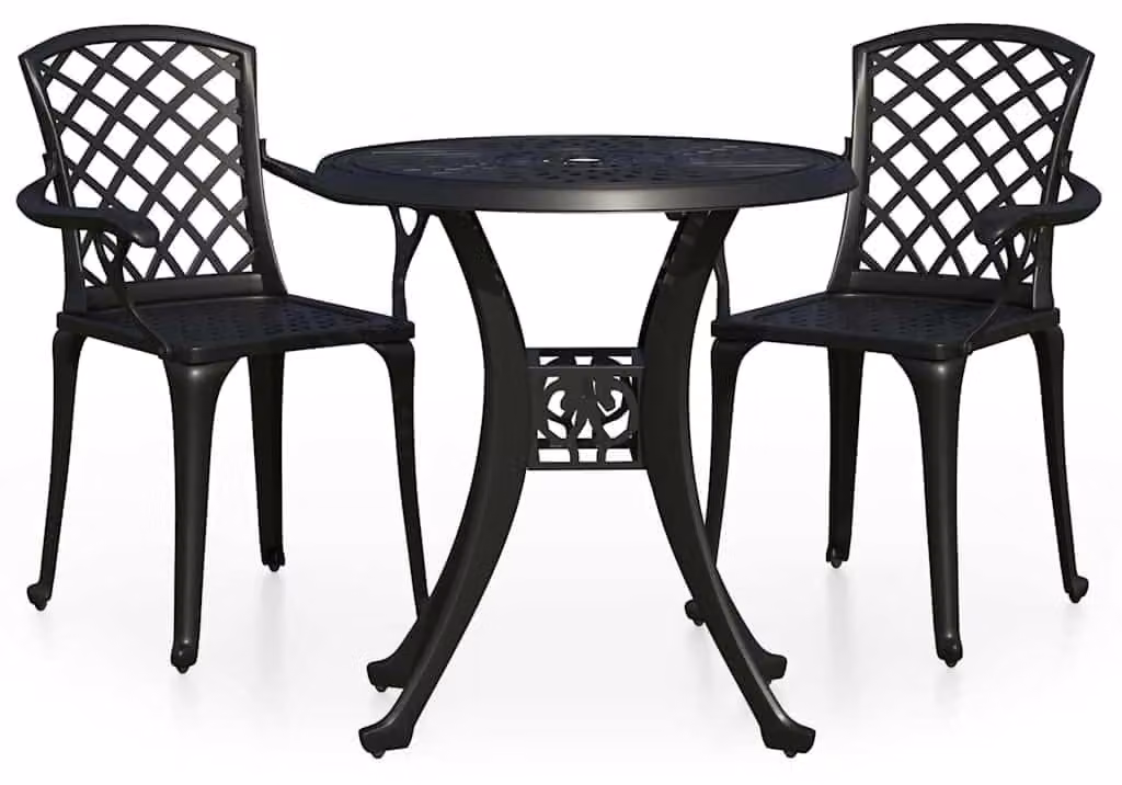 Set da bistrot 3 pezzi, nero - in alluminio pressofuso, resistente agli agenti atmosferici - tavolo con predisposizione per ombrellone
