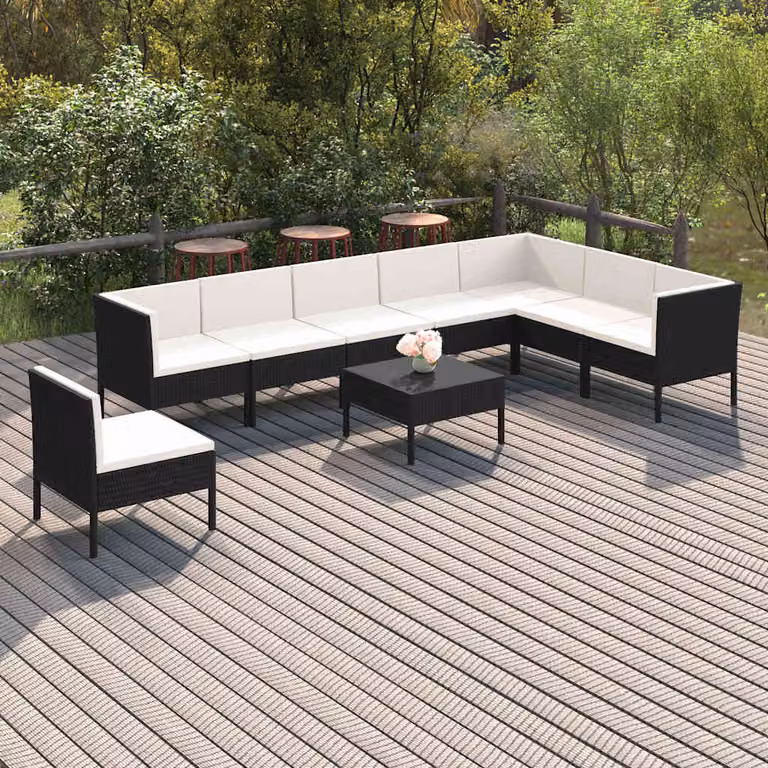 Set Divani da Giardino vidaXL 9 Pezzi con Cuscini, Polyrattan e Struttura in Acciaio Verniciato a Polvere, Colore Nero e Bianco