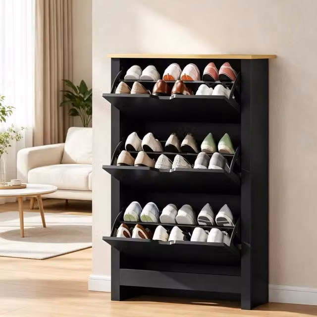 Scarpiera moderna con 3 ante a ribalta e ripiano superiore in nero e rovere chiaro, L: 72 cm, P: 26 cm, H: 112 cm