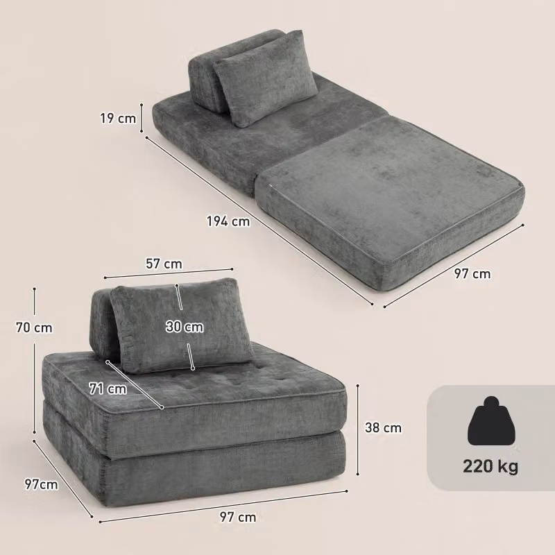 Poltrona pieghevole 2 in 1 WISHDOR in ciniglia grigia trasformabile in letto singolo – 2