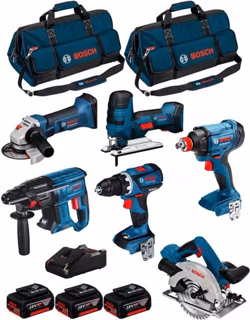 Kit utensili elettrici Bosch 18V BK602BAG con avvitatore, martello perforatore, seghetto alternativo, smerigliatrice, trapano, 3 batterie da 5,0Ah, caricabatterie e 2 borse