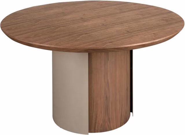 Tavolo da pranzo rotondo in noce e acciaio metallizzato color sabbia