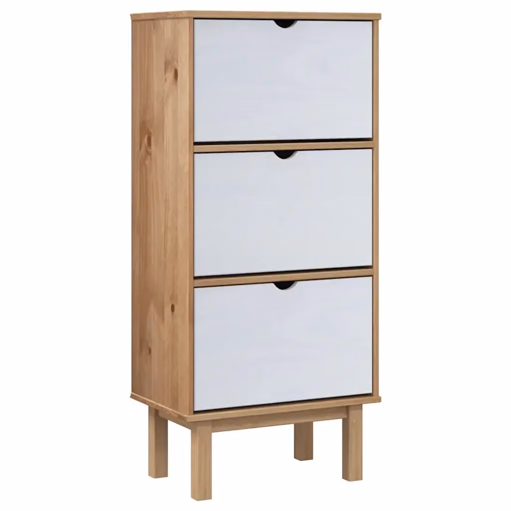 Scarpiera a parete vidaXL in legno di pino stile rustico con ante basculanti, Marrone e Bianco, L: 120 cm, P: 35 cm, H: 55 cm – 2