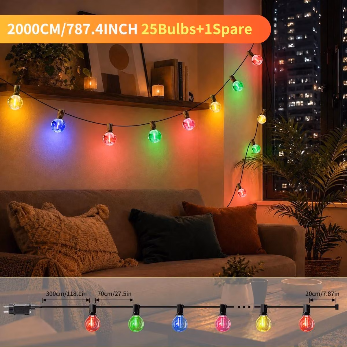Catena luminosa a LED, modello G40, a forma di globo - 20 m - 25 luci - Multicolore - 8 modalità di illuminazione - Impermeabile - Adatta per uso esterno