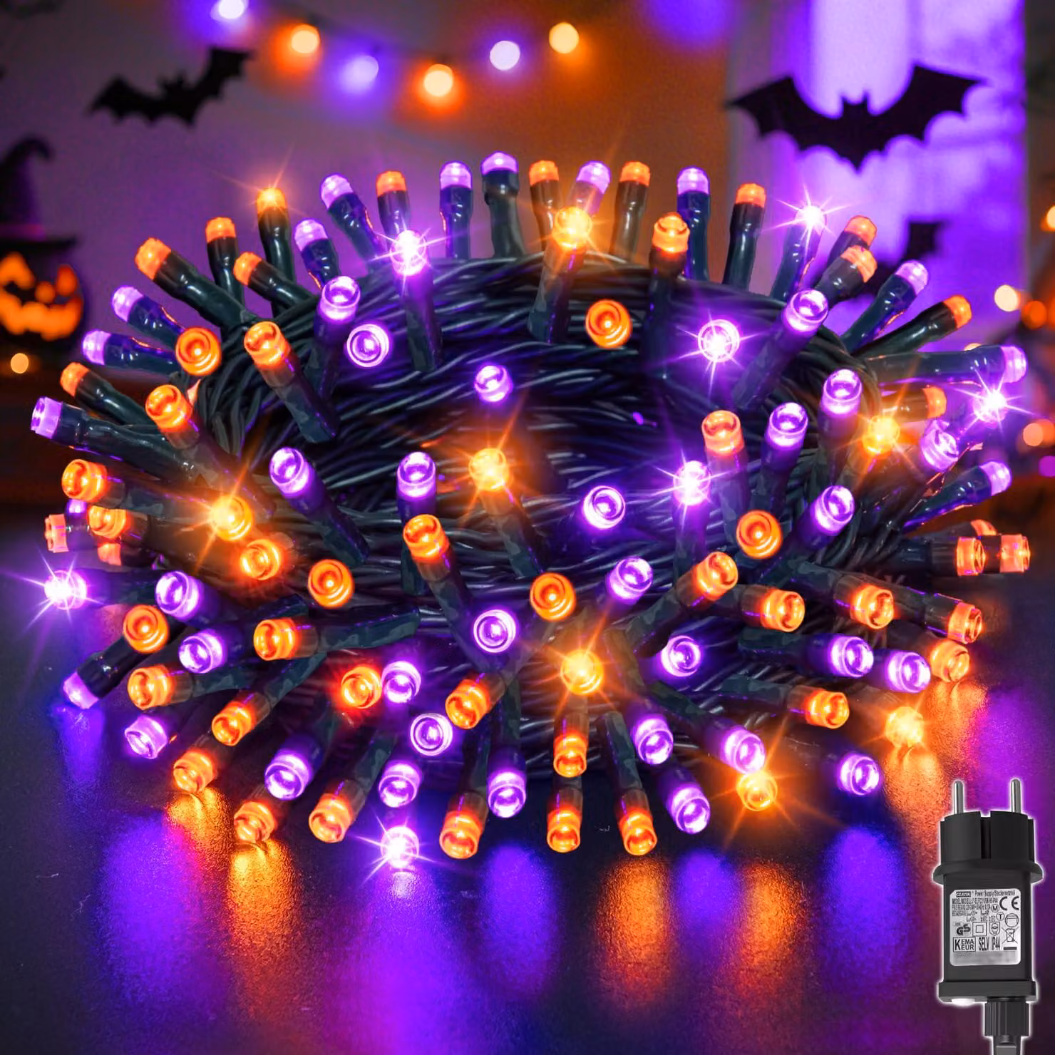 Catena luminosa da 30 metri, con 300 LED, color arancione/viola, timer, 8 modalità, impermeabile