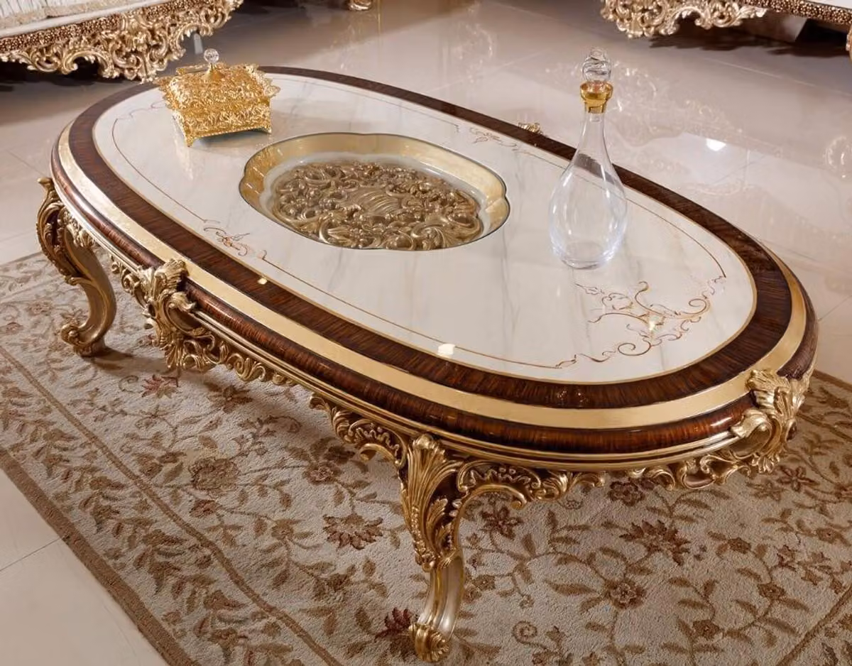 Casa Padrino tavolino barocco bianco / marrone / oro - Magnifico tavolo da salotto con piano in vetro - Mobili da salotto barocchi - Nobile & Magnifico