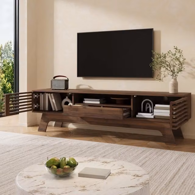 Desviae Mobile porta TV in MDF con ante a lamelle cassetto vano aperto e passacavi per soggiorno color noce 150 × 35 × 44 cm