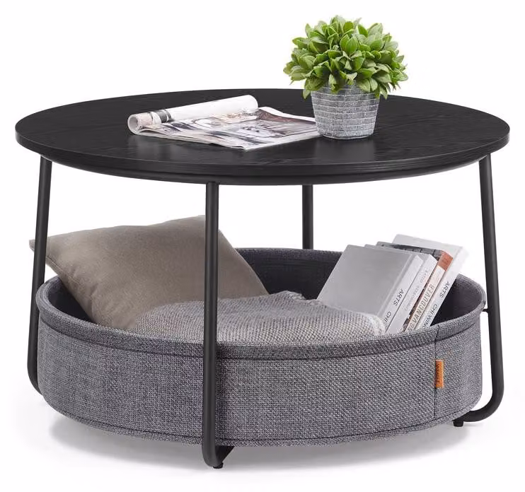 Tavolino con cesto portaoggetti in tessuto | Finitura: grigio antracite | Dimensioni: 75x75x45 cm
