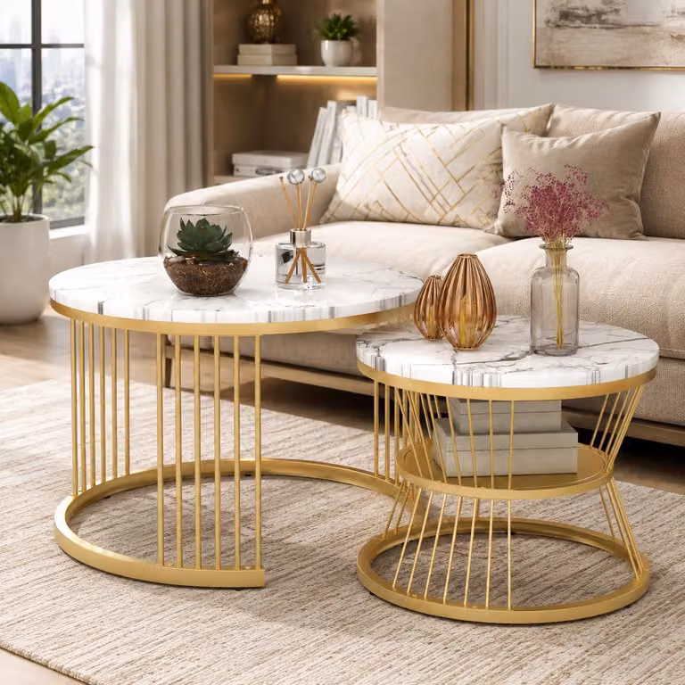 INONEFT, set da 2 tavolini da caffè rotondi, design moderno, con spazio aperto per riporre oggetti, tavolini laterali per soggiorno o camera da letto, colore bianco