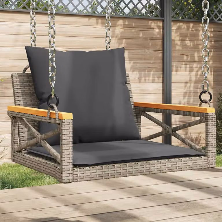 Panchina Dondolo vidaXL in Polyrattan e Legno di Acacia con Cuscini, Grigia, L 63 x P 62 x H 40 cm