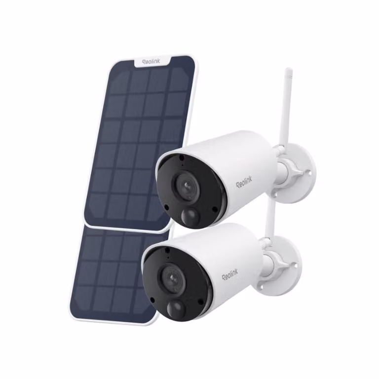 Reolink Argus Eco+Pannello solare, telecamera di sicurezza per esterni WiFi a batteria da 5MP e 2,4GHz, rilevamento persone/veicoli, visione notturna, audio bidirezionale, 2 Pack