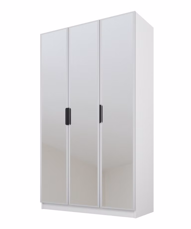 PAWS MOBEL Armadio bianco inclinabile 120x52x200 cm, armadio a tre ante aperto con specchi sui frontali, ripiani e appendiabiti