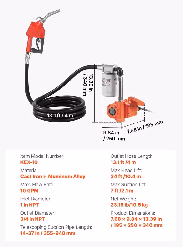 Pompa di trasferimento carburante, portata da 10 a 15 GPM, ugello manuale, 10 GPM
