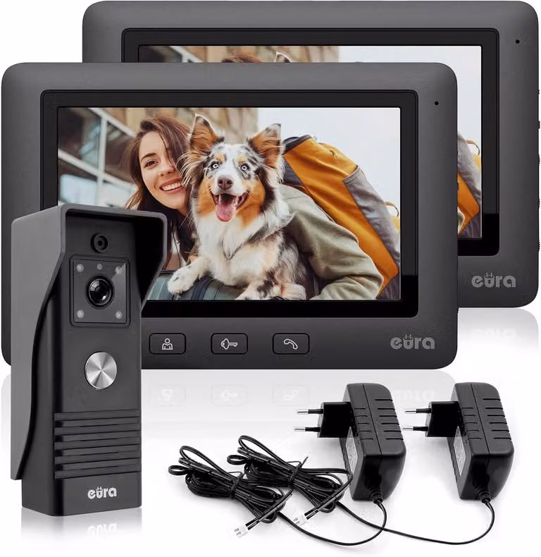 A31A149 45A3: Videocitofono Alpha, sistema di intercomunicazione a 4 fili, colore nero, dotato di due monitor a colori da 7 pollici