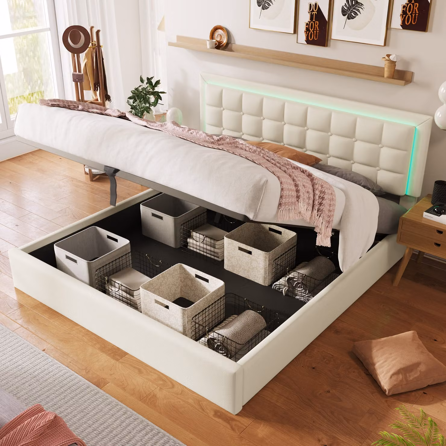 Letto imbottito Merax Letto a molle idrauliche 140x200cm con rete e doghe, incl. striscia luminosa a LED, letto matrimoniale Letto contenitore Letto funzionale in Pelle finta, bianco