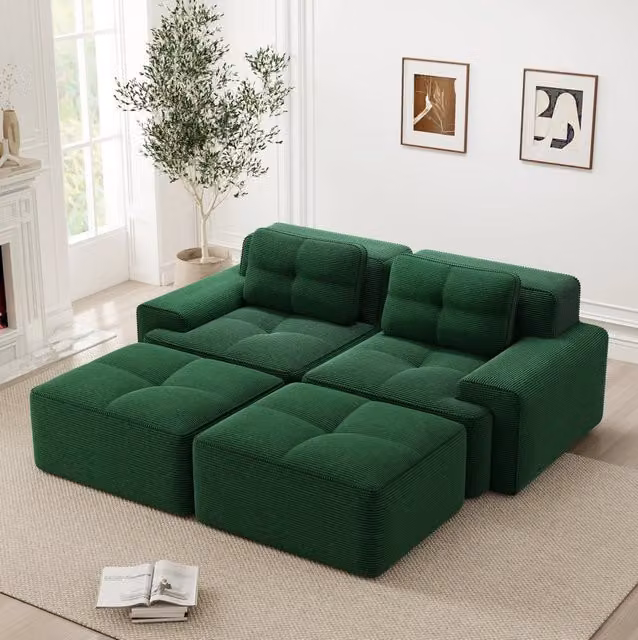 Divano modulare basso in velluto a coste verde con seduta profonda 74 cm HOMVRA
