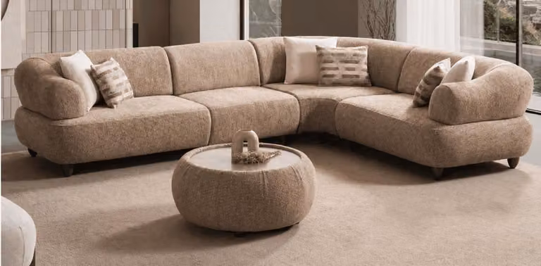 Divano angolare a forma di L, stile moderno, color marrone, comodo, imbottitura morbida, grande, rivestito in tessuto