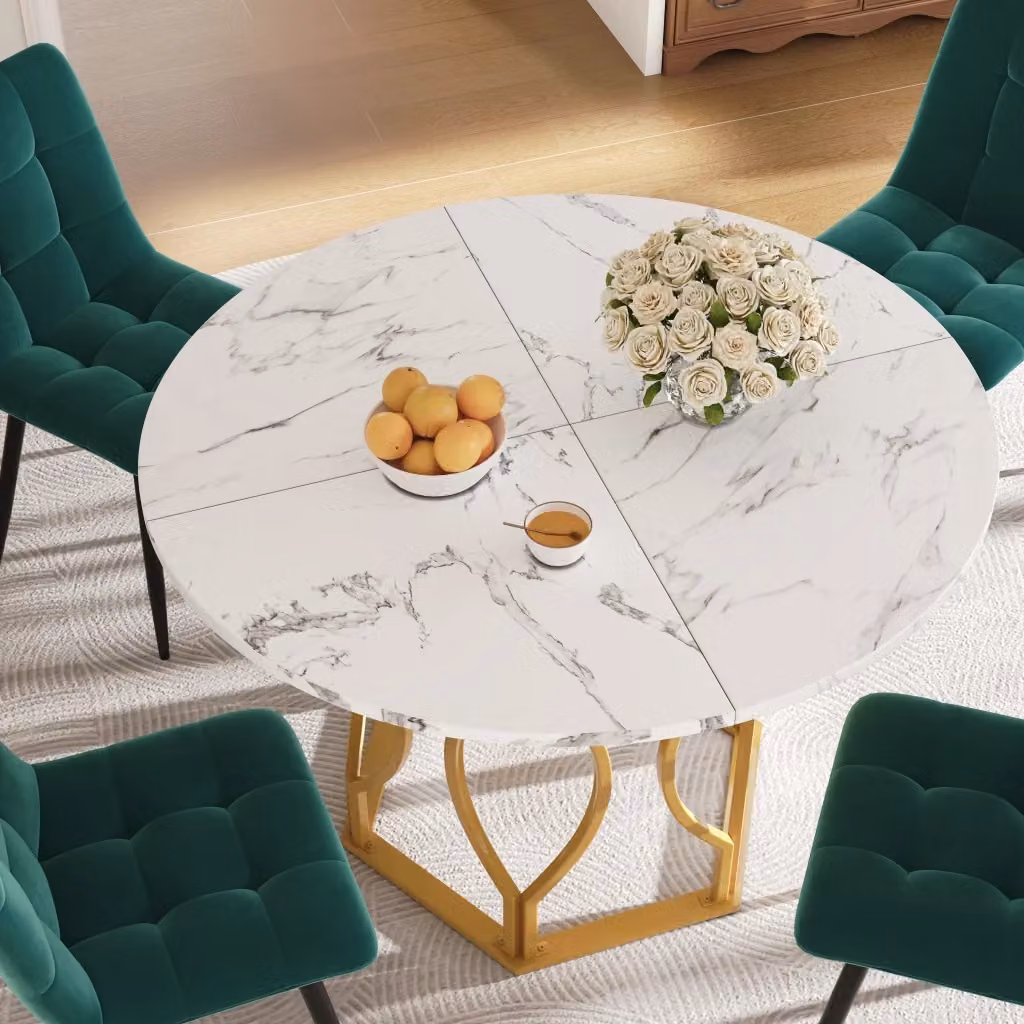 Set da pranzo Mivray composto da tavolo rotondo effetto marmo bianco e quattro sedie in velluto multicolore – 2