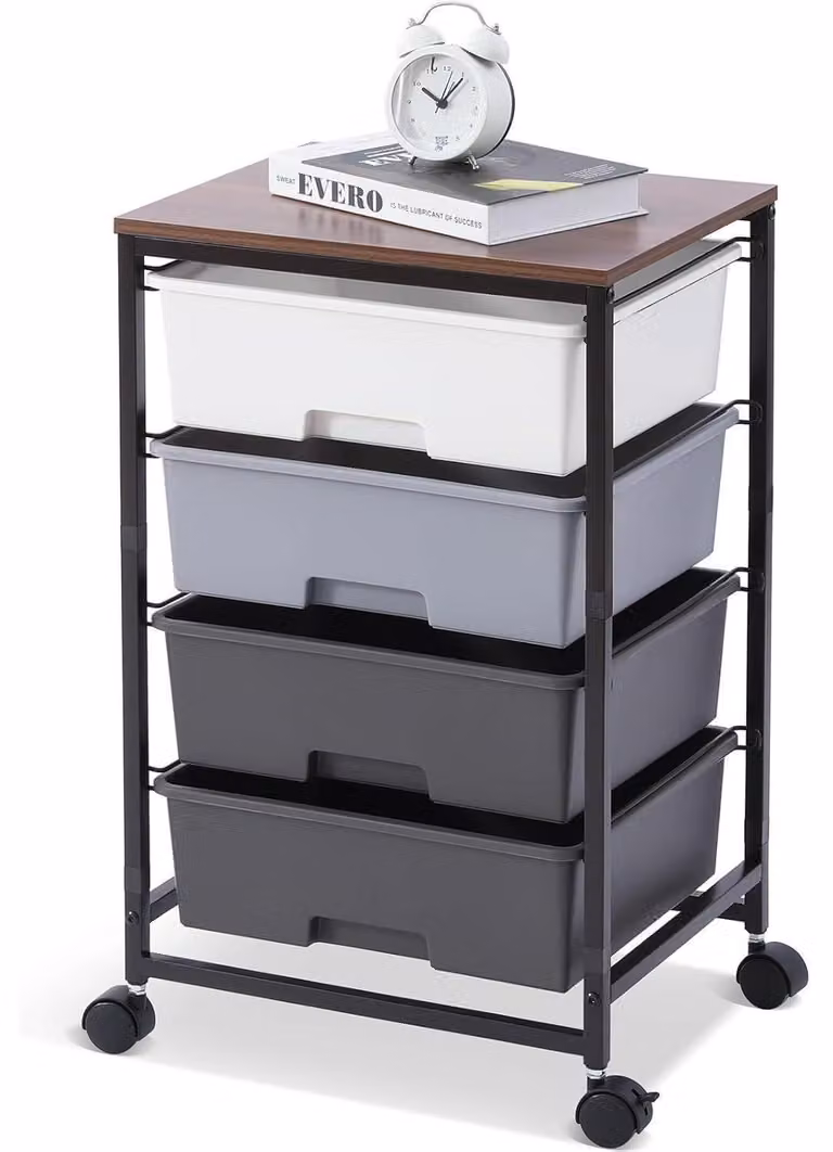Carrello con 4 cassetti, carrello multiuso, grigio, legno e plastica