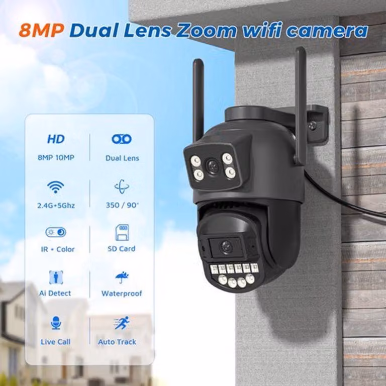 Telecamera di sicurezza, confezione da 2, risoluzione 5K, 10MP, HD, WiFi, PTZ con doppia lente