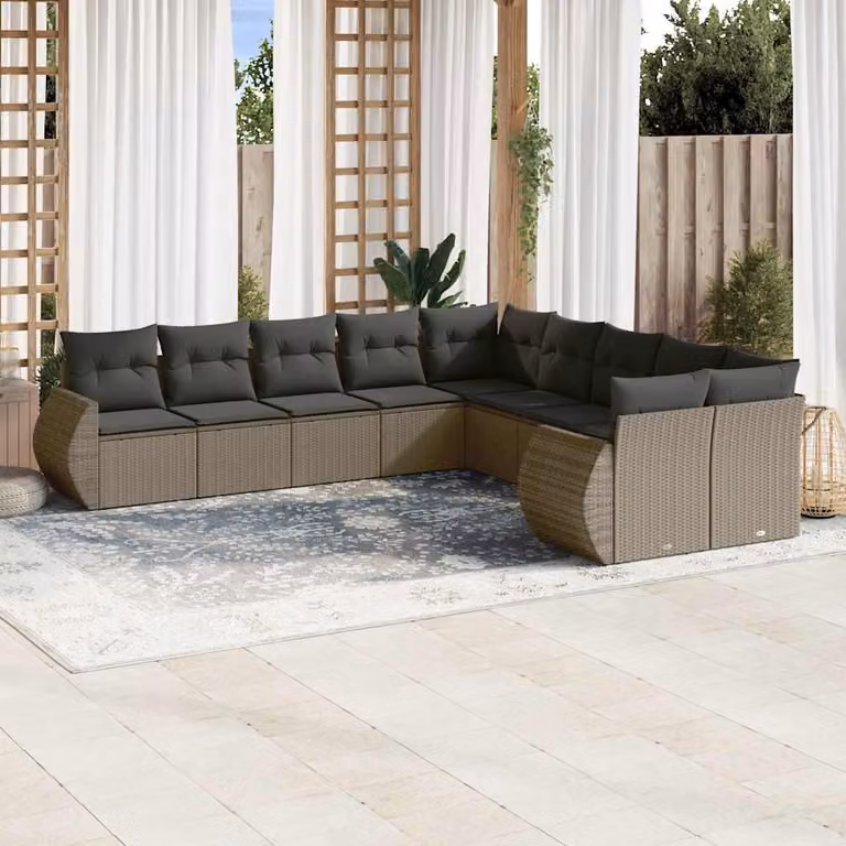 vidaXL Set Divano da Giardino 10 pz in Polyrattan con Cuscini Grigio con Struttura in Acciaio Verniciato a Polvere