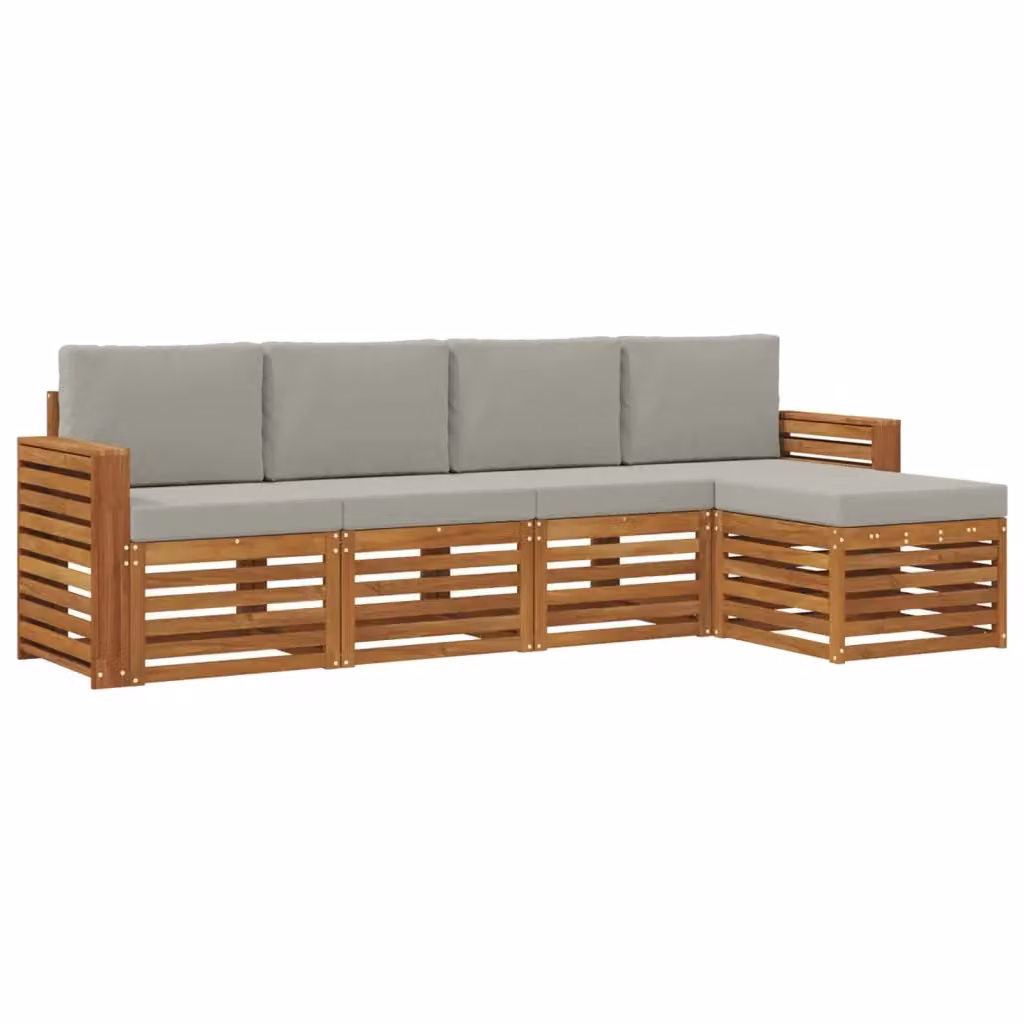 Set di divani da esterno a L vidaXL in legno di acacia con pouf e cuscini, beige e grigio – 2
