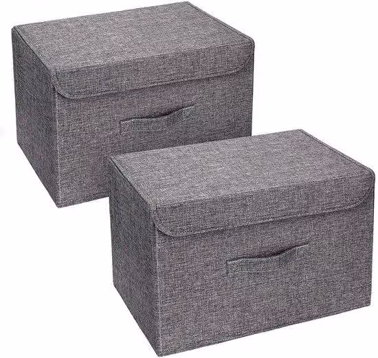 Ibenzoa® Contenitore multifunzionale con coperchio e maniglia – 38 x 25 x 25 cm, esterno in cotone e lino, fodera interna in feltro da 80 g, pannello interno in polipropilene da 1,8 mm, impilabile e pieghevole