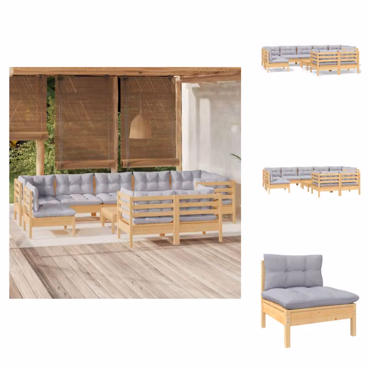 vidaXL Set di 10 pezzi da giardino con cuscini grigi in pino massiccio - Set di mobili da giardino