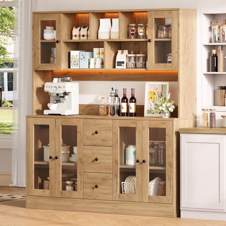 MODFU, mobiletto buffet alto, 150x40x173 cm, armadio per cucina con 3 cassetti e 6 ante in acrilico, dispensa per cucina con illuminazione a LED e prese di corrente, finitura naturale