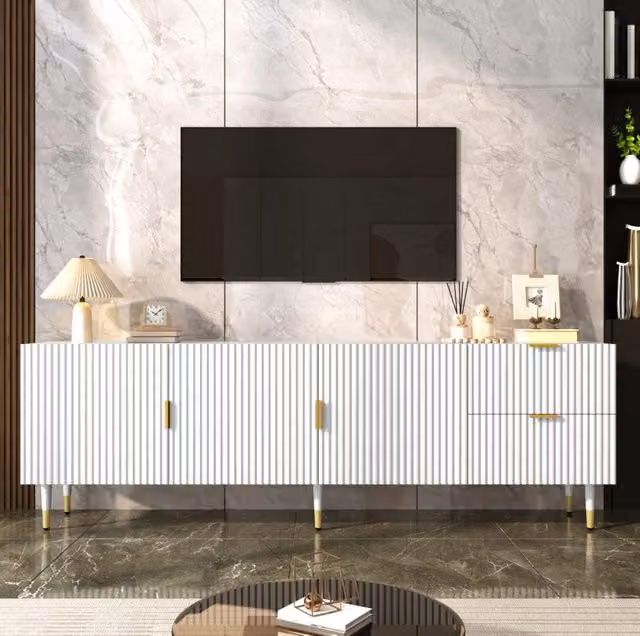 Mobile TV ULEVR 170x35,5x55 cm con 3 ante, cassetti e passacavi, MDF bianco con dettagli dorati