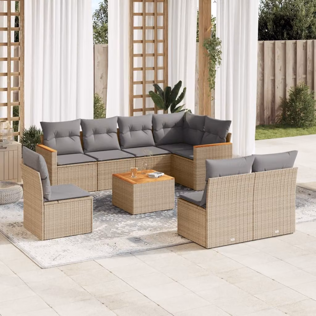 vidaXL Set Divano da Giardino 9 pz a forma di U in Polyrattan con Cuscini Beige e Tavolino da Caffè – 1