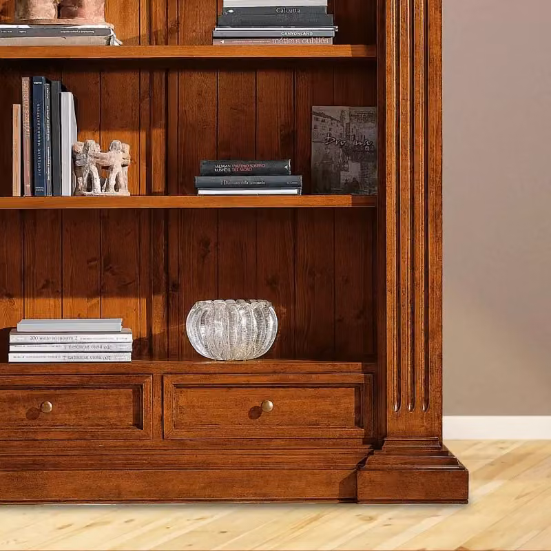 Libreria Mobili 2G in legno massello con 2 cassetti e ripiani regolabili, colore noce, L: 154 cm, P: 49 cm, H: 211 cm – 1