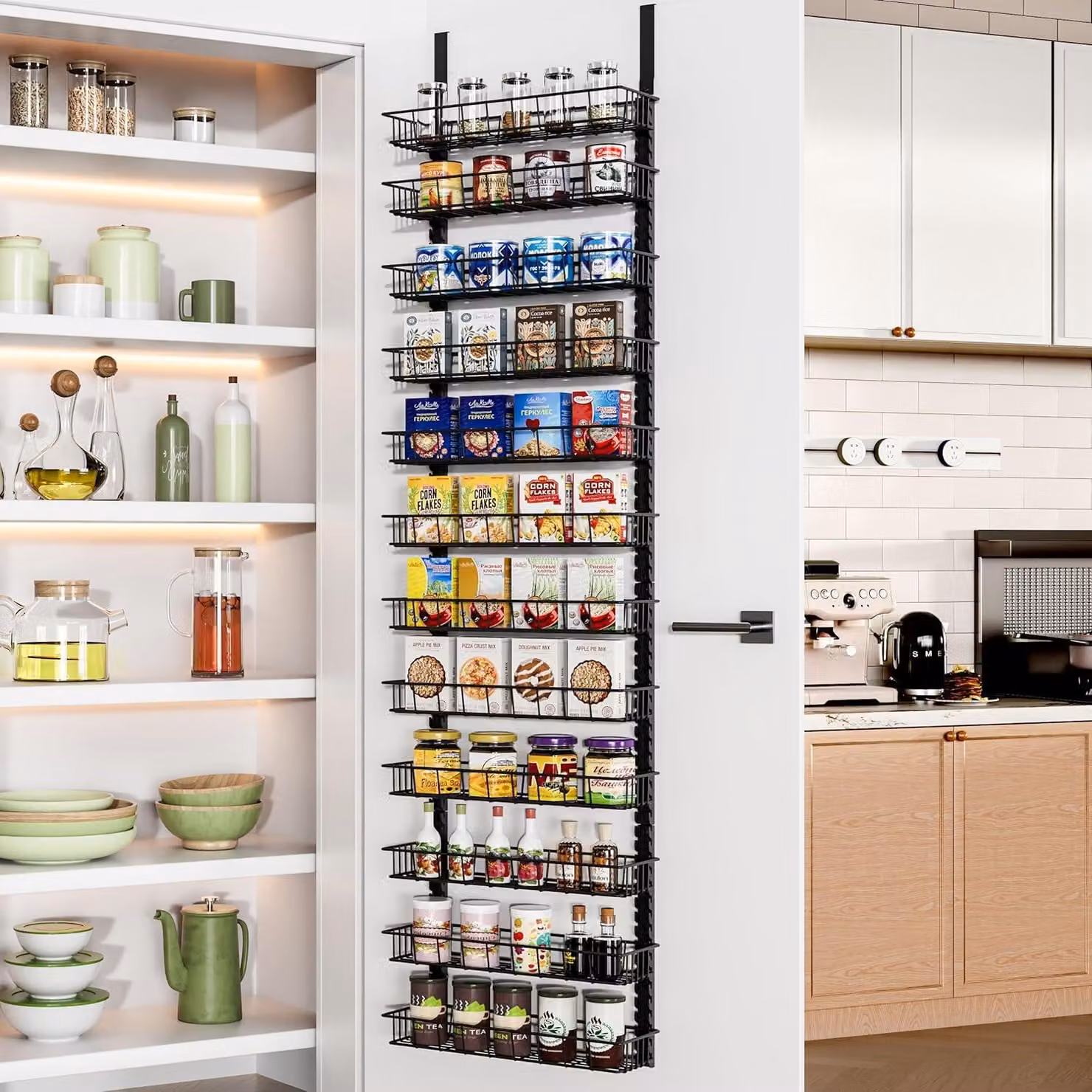Organizzatore da cucina con 12 cesti e 12 ripiani, colore nero, per uso in cucina