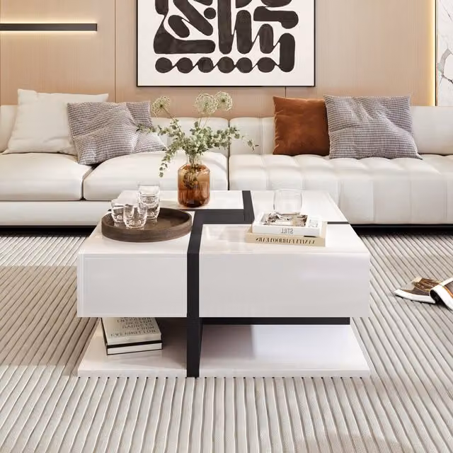 Tavolino da Salotto Quadrato Moderno con 4 Cassetti e Spazio Portaoggetti, Design Lucido Bianco Aosom – 1