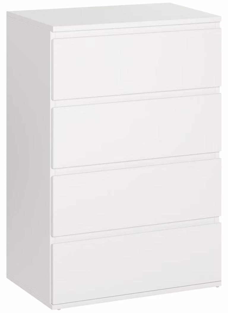 Comò Moonbite con 4 cassetti, dimensioni 55 x 33 x 80 cm, mobiletto senza maniglie con guide ammortizzate, mobile contenitore con sistema di sicurezza anti-ribaltamento, realizzato in pannello MDF, colore bianco