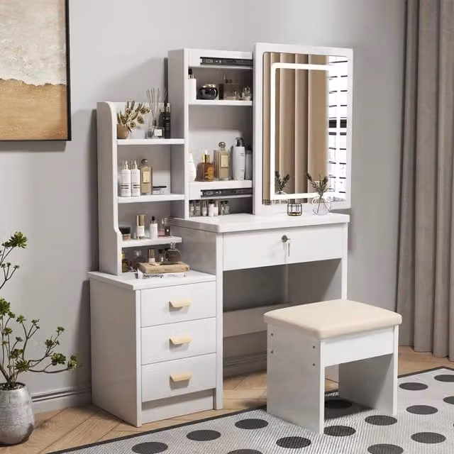 Desviae Toeletta con specchio LED a tre modalità in MDF bianco con cassetti e ampio spazio contenitore