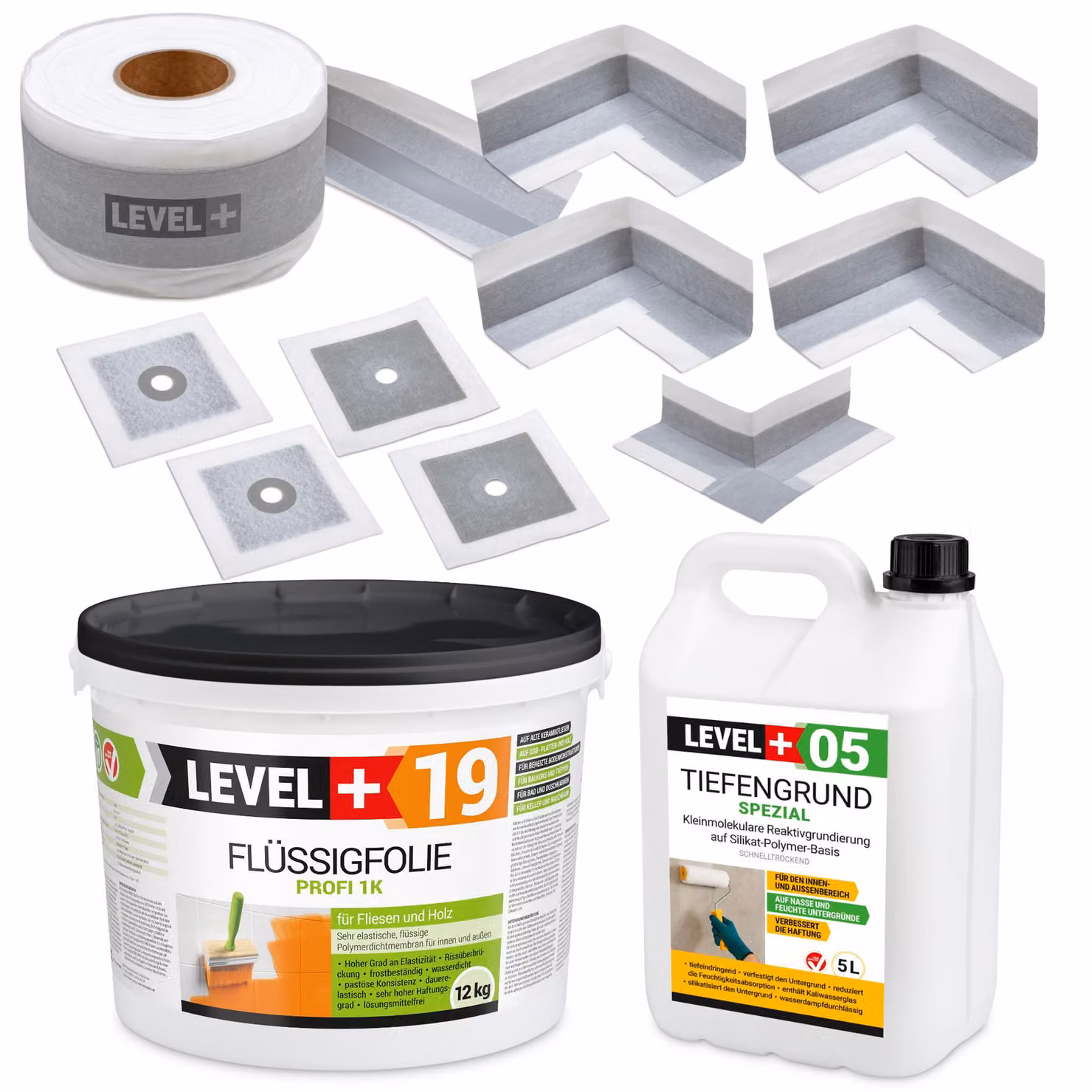 Kit impermeabilizzante: Membrana liquida 12 kg, Nastro 15 m, Primer 5 l, Manicotti, Angoli, Bagno LEVEL+ SET520