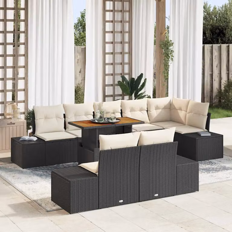 Set da pranzo da giardino moderno vidaXL in rattan e legno di acacia con 9 pezzi, Nero e Bianco