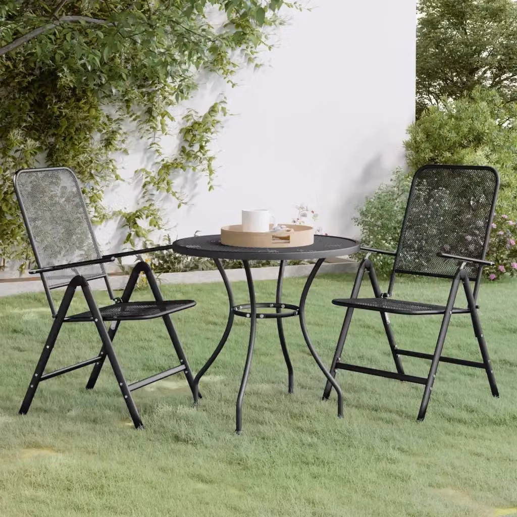 Set da Pranzo per Giardino 3 Pezzi in Metallo Antracite con Tavolo Rotondo e Sedute Moderne – 2