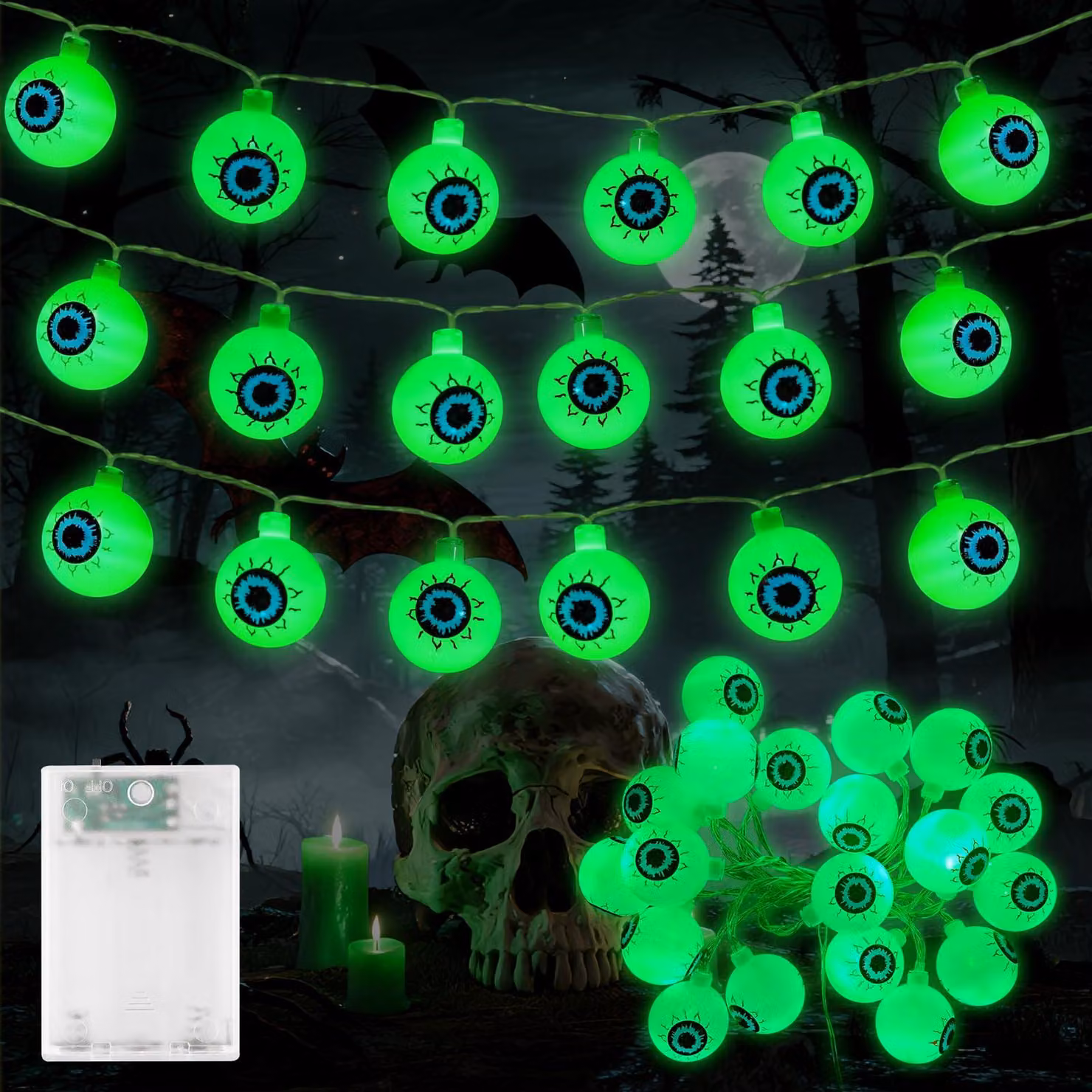 Catena luminosa a tema Halloween, con 20 occhi LED verdi, lunghezza 3 metri