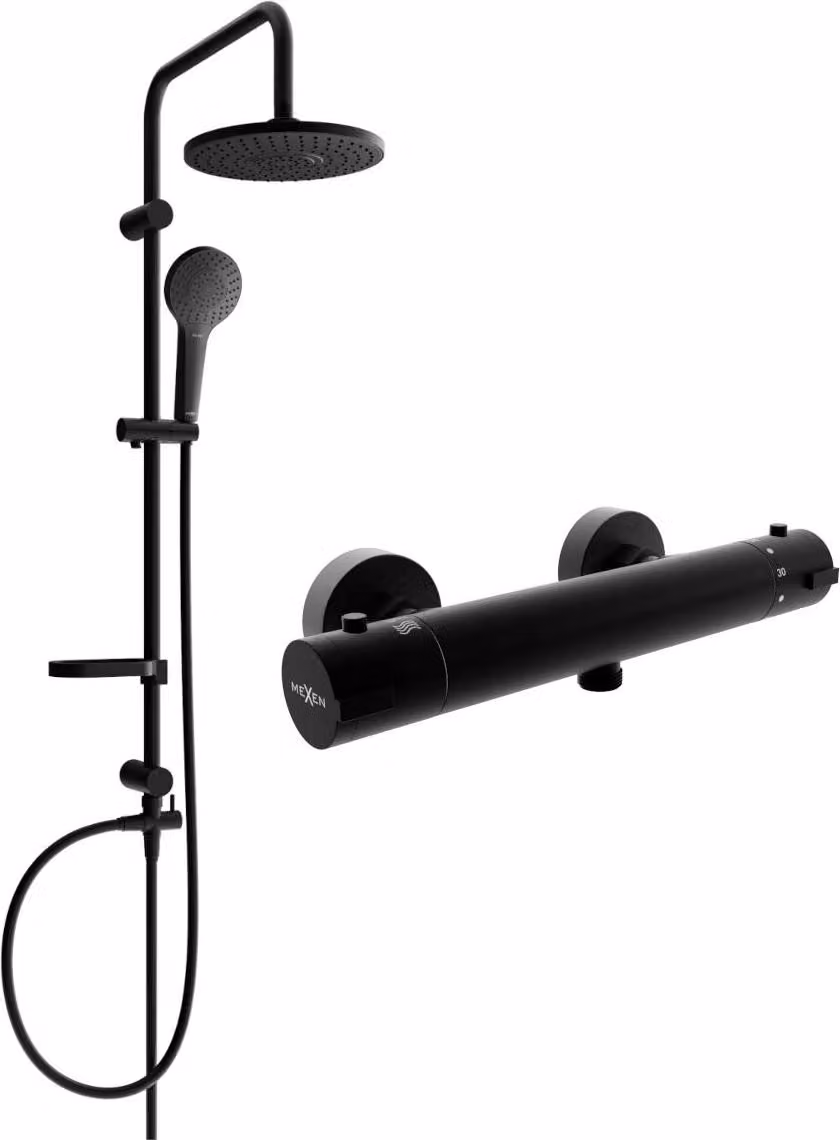 Mexen Erik set doccia esterno con soffione e miscelatore doccia termostatico Kai, nero - 77100205-70