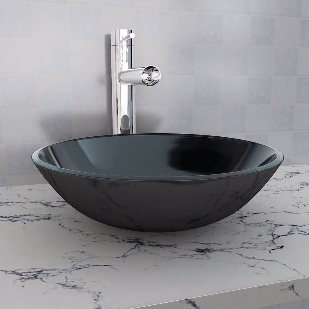 Lavandino in vetro temperato vidaXL colore nero, Larghezza: 42 cm, Profondità: 42 cm – 1
