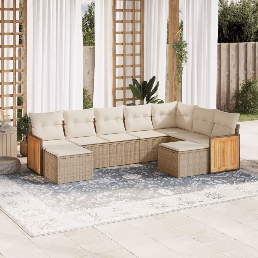 vidaXL Set Divano da Giardino a L 9 pz in Polyrattan con Cuscini Beige e Ottoman – 1